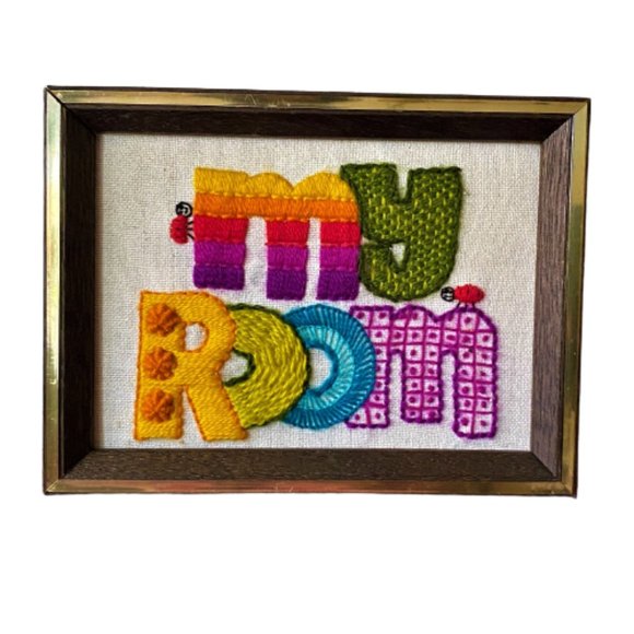 2/$30 Vintage Handmade embroidered framed sign wall/door hanging ladybugs - Picture 2 of 12